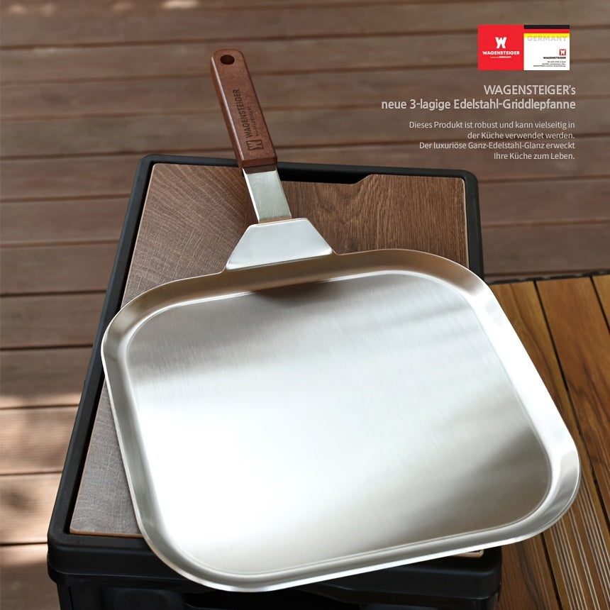 Square Frying Pan with Tri-Ply Stainless Steel Construction - 29*29cm, Featuring a Wooden Handle, Flat Griddle Design for Cooking Steak & Eggs, Ideal for Home and Outdoor Use, High-Quality Cookware with Even Heating and Long-Lasting Durability