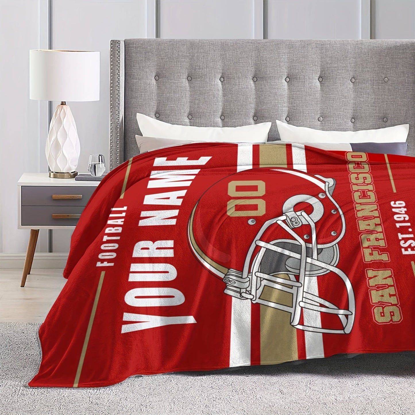 Personalized San Francisco Football Blanket - Customizable Name Throw for Bed or Sofa, Soft and Cozy Flannel Travel Blanket, Rectangular Polyester Woven Design, No Electricity Required, Perfect Home and Kitchen Decor for Football Fans of All Ages.