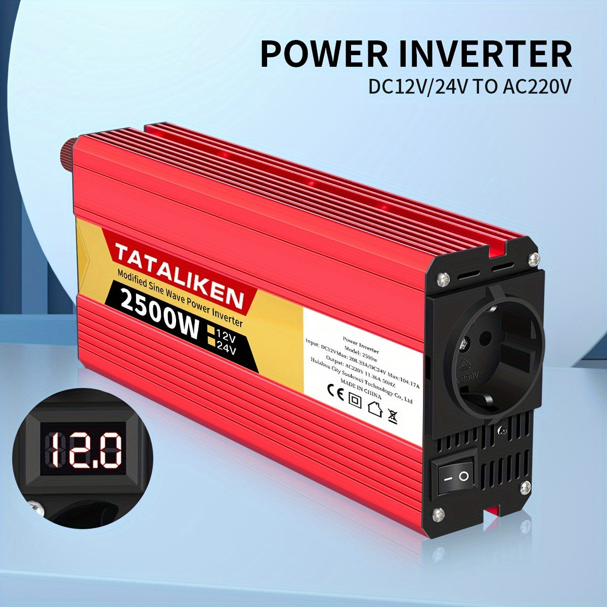 High-power 12V to 220V car inverter with 2500W-600W capacity, ideal for charging phones and tablets.