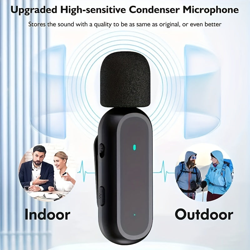 2 wireless lavalier microphones with noise cancelling, plug and play for Android, iPhone, and iPad. Includes adapter, rechargeable lithium polymer battery, ABS material. Perfect for live