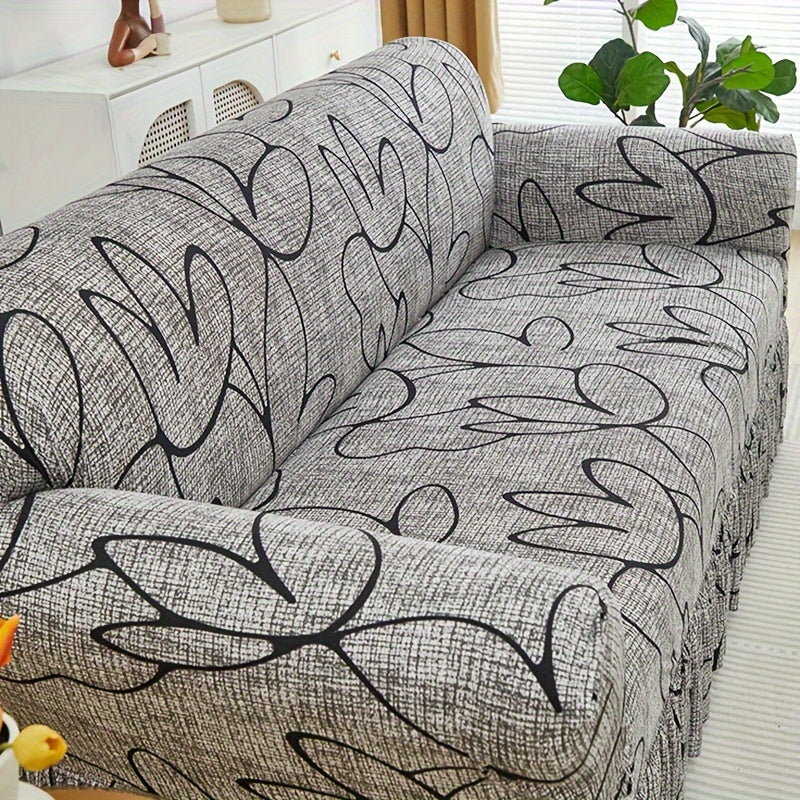 Bohemian Rabbit Print Stretch Sofa Cover with Skirt, Elastic, Machine Washable, Dustproof Slipcover for Sofas, Suitable for Living Room Decor.