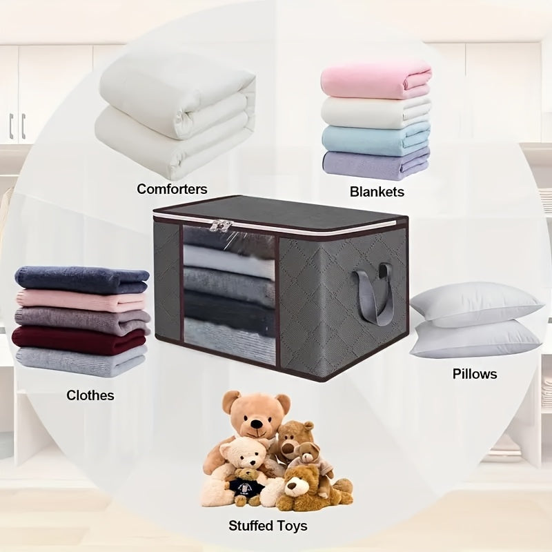 Six pieces of extra large storage bags that are durable and foldable clothes organizers for bedding, blankets, pillows, and toys. Made from thick polypropylene fabric, these bags come with zippers and lids, reinforced handles for easy carrying, and