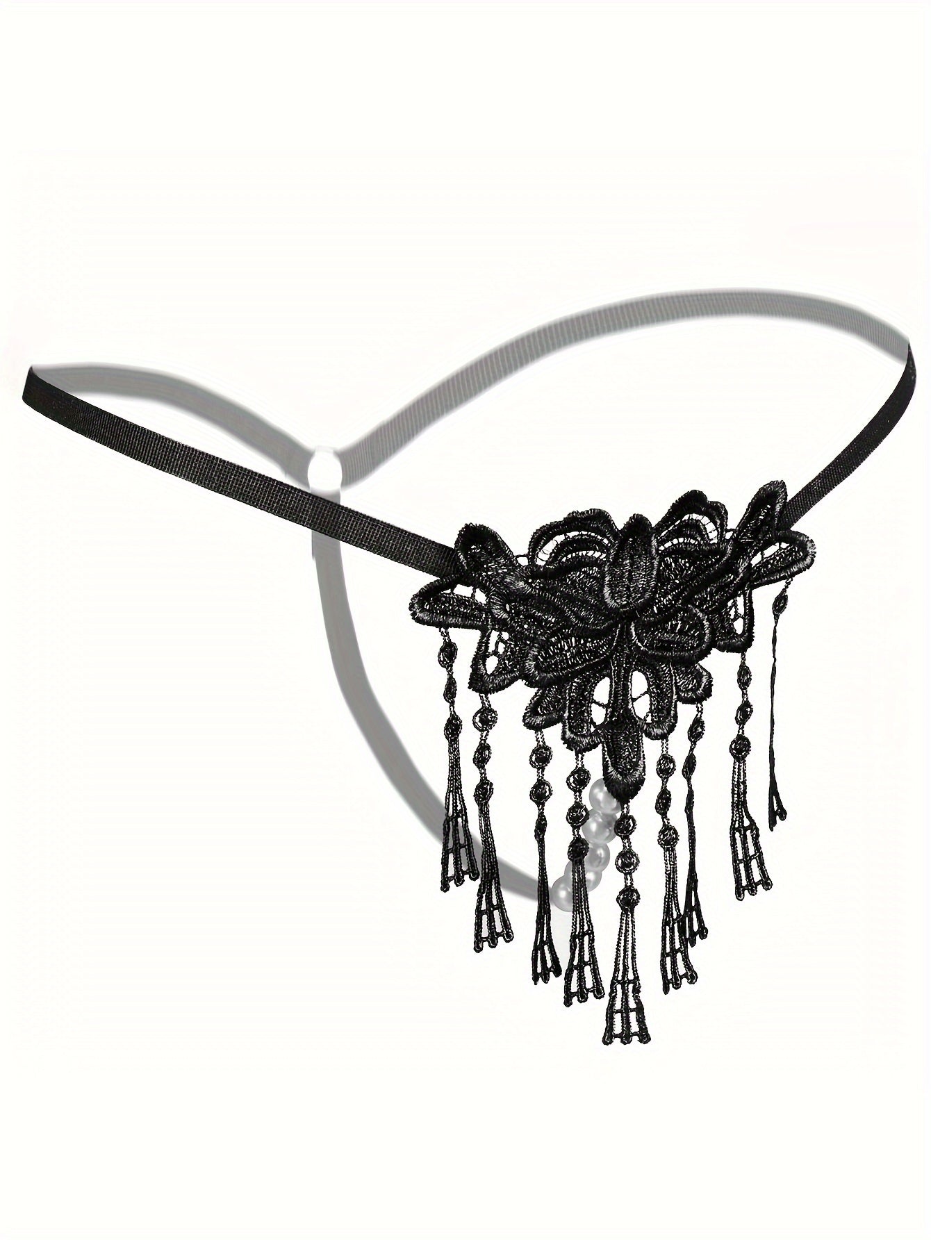 Lace thong with tassels, embroidered V-string panties for adults.