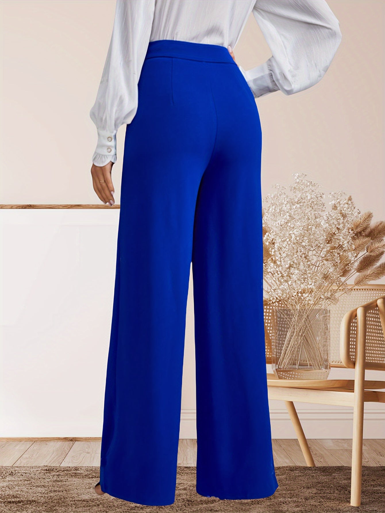 Women's High-Waisted Palazzo Pants - Elegant, Wide-Leg, Button Fly, Suitable for Work and Casual Wear