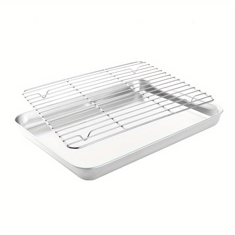 Essential Cooking Tools for Home Chefs: Stainless Steel Kitchen Set with Square Baking Pan, Mesh Drain Rack, Flat BBQ Grill Net, Oven Rack, and Vegetable Prep Tray - Includes 4 Pieces