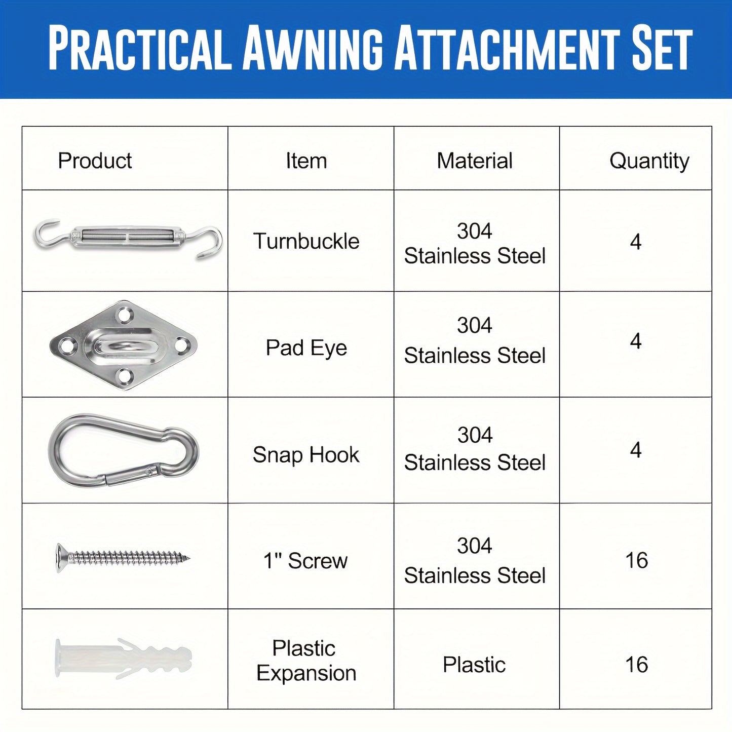 Heavy duty stainless steel hardware kit for attaching sun shade sails to gardens in various shapes and sizes.