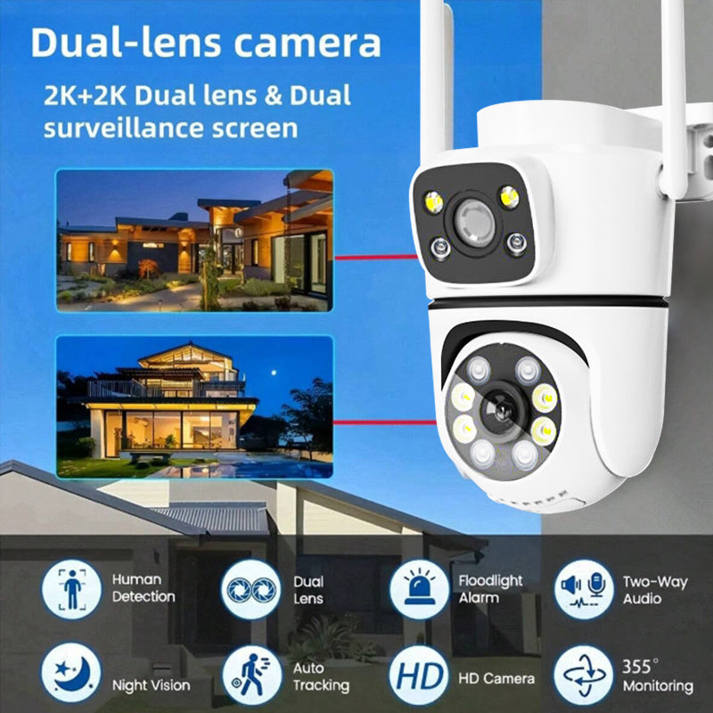 OIMLYO 4MP Dual Lens Wireless Security Camera features AI Smart Alert, 2.4G WiFi, Two-Way Audio, Full Color Night Vision, USB Powered, TF Card & Cloud Storage Support, Smartphone Compatibility, 1080p Resolution, ABS Material, and No Battery Needed.