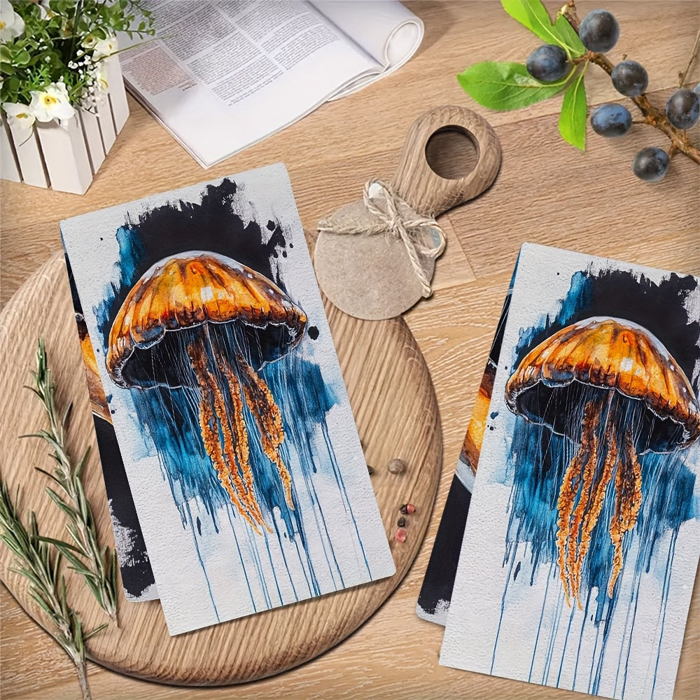 Two pieces of Coastal Jellyfish Design Kitchen Towels made of super absorbent polyester knit fabric. These towels are machine washable and feature a contemporary style. Each towel measures 40.64x60.96 cm. Product code: 2KYSYS1218333.