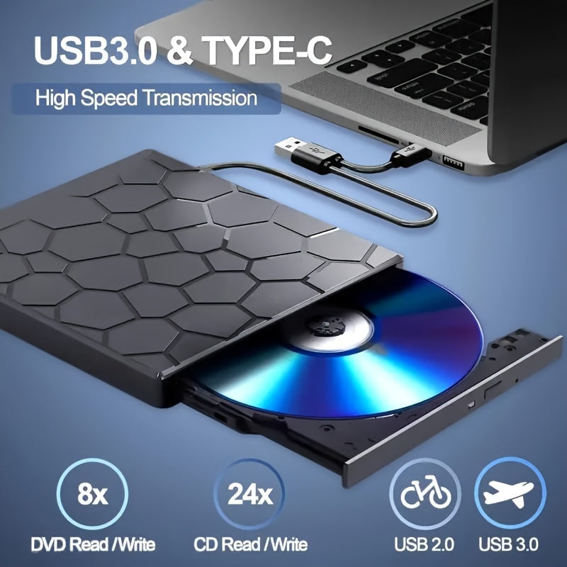 Compact 8-in-1 USB 3.0 External CD/DVD Drive - Portable Burner & Player for all Operating Systems - Compatible with CDs, DVDs, VCDs