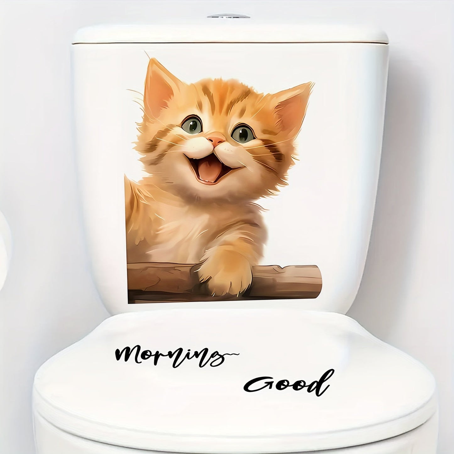 Eclectic Style Cat Window Sticker with Animal Print, Self-Adhesive Polyvinyl Chloride Material, Reusable Glossy Finish, Decorative PVC Film for Toilet, Glass, and Windows - "Good Morning" Kitty Decal, 1 Piece