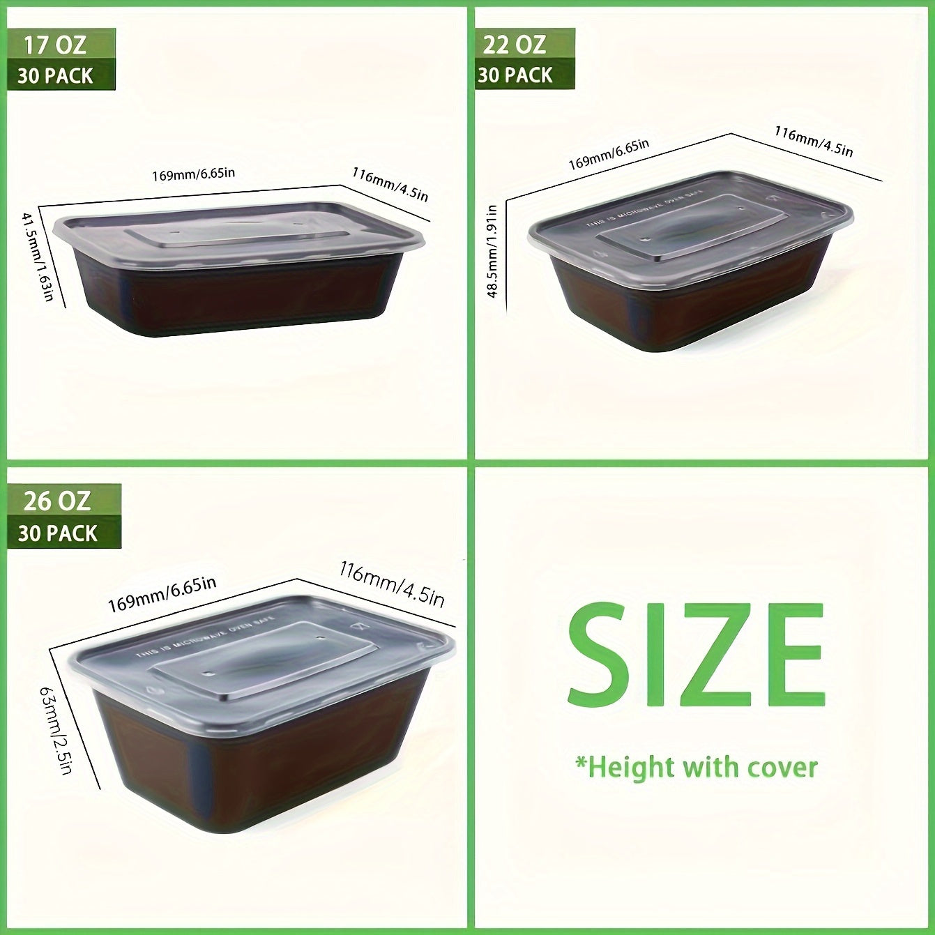 Pack of 30 rectangular plastic black boxes with lids in sizes 17oz, 22oz, and 26oz. These food storage containers are BPA-free, stackable, and leakproof. They are safe to use in the microwave and are perfect for storing and transporting food. Great for