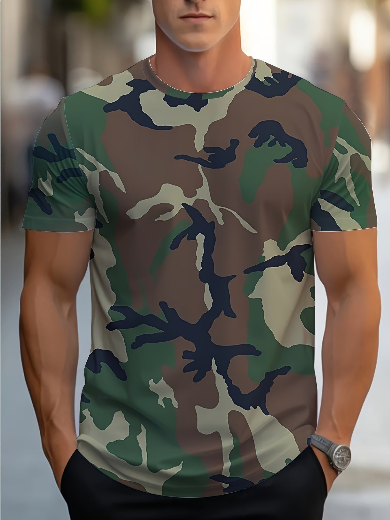 Men's Camo Print Summer Shirt - Short Sleeve, Breathable Polyester, Round Neck