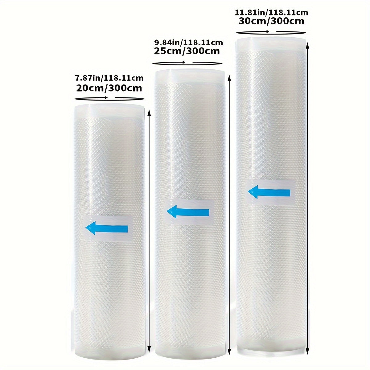 Three variations of vacuum-sealed bag rolls measuring 3 meters in size, suitable for food storage. These bags are bisphenol A-free and feature a seven-layer co-extruded diamond patterned design. They can be used for vacuum preservation and food packaging.