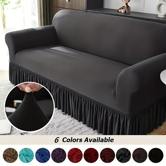 Stretch sofa cover with skirt, solid color, dustproof, non-slip - perfect for home décor in bedroom, office, or living room.