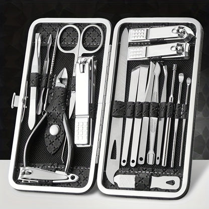 Manicure and pedicure set with nail clippers, files, ear spoon, and portable case for nail care at home or on-the-go.