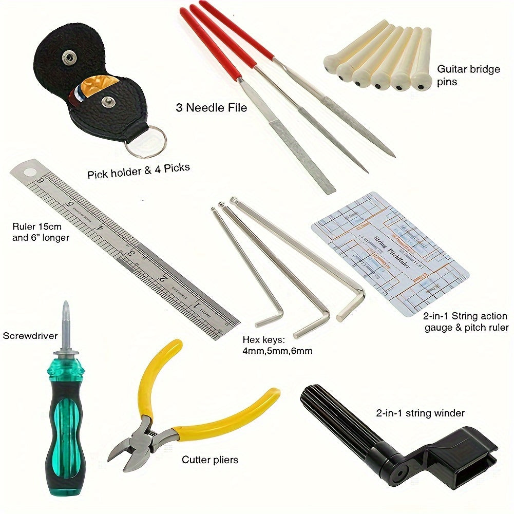 Guitar Tool Kit, a thoughtful gift for guitar enthusiasts of all levels. Includes string winder, maintenance tools for ukulele, bass, banjo, and acoustic guitars.