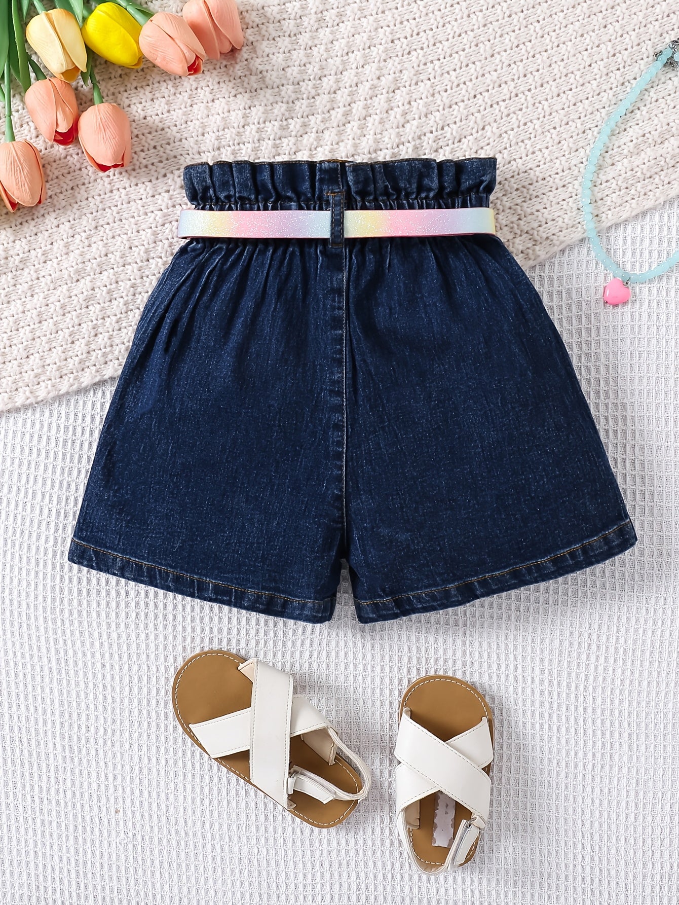 [Casual Joy] Girls' High-Waist Stretch Denim Shorts with Adjustable Belt - Comfy & Casual with Pockets, Ideal for Spring/Summer/Fall, Playful Youngsters Apparel|Cute & Durable Fabric