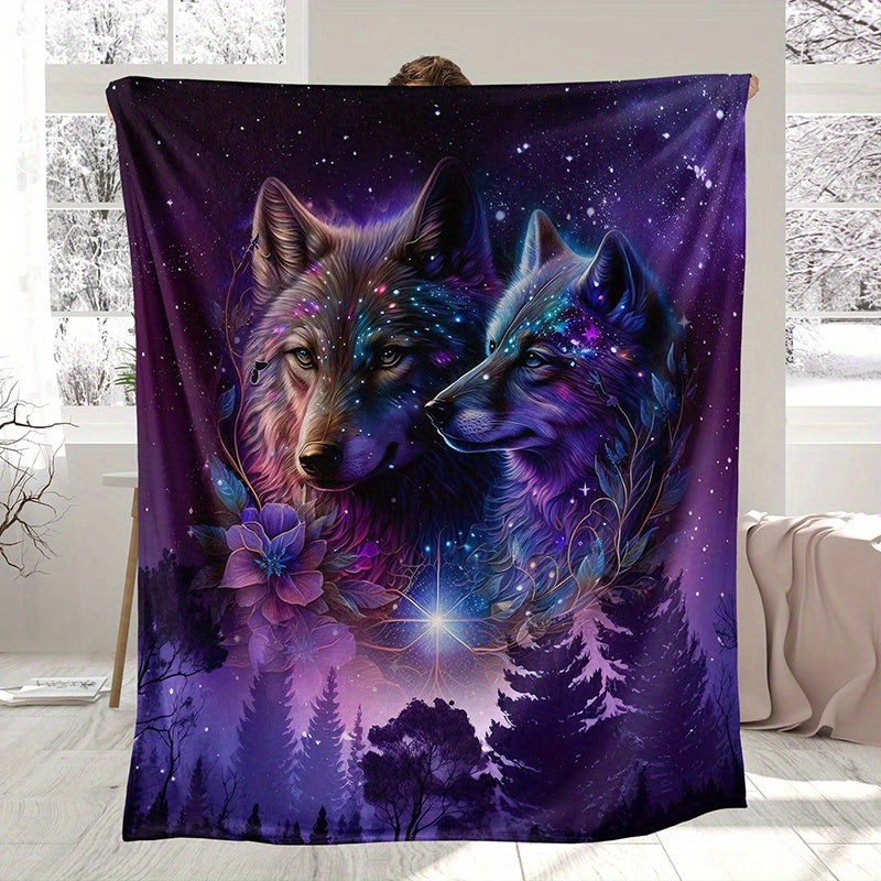 Starry Sky Wolf Print Flannel Blanket - Soft Warm Throw Blanket for Couch, Sofa, Office, Bed, Camping, and Travel - Multipurpose Gift Blanket for All Seasons - Fashionable and Cozy