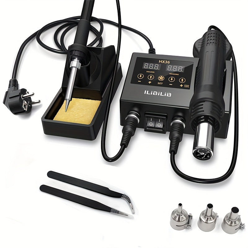 ILIBILIB 2-in-1 Rework Soldering Station Kit: SMD Hot Air & Iron Combo with Digital Temperature Control, 3 Heat Gun Nozzles, 2 Anti-Static Tweezers, Slip-Resistant ABS Design - Ideal for