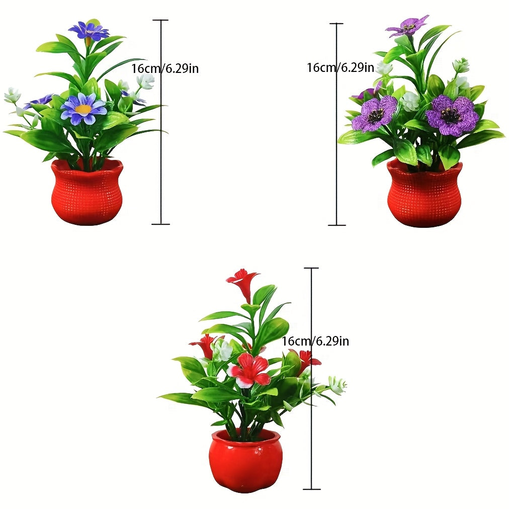 3 mini artificial potted plants with vibrant red pots - perfect for home, office, kitchen, and special occasions.