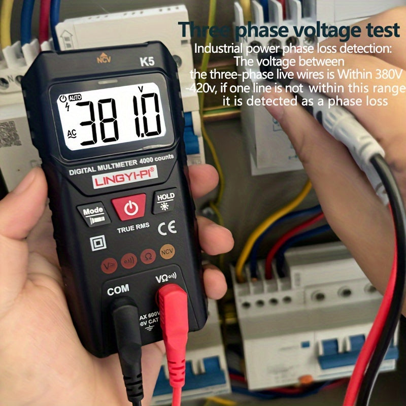 4000V digital multimeter with automatic/manual modes for AC/DC voltage and resistance testing. Made of plastic, battery powered (batteries not included). High precision of 0.1, suitable for