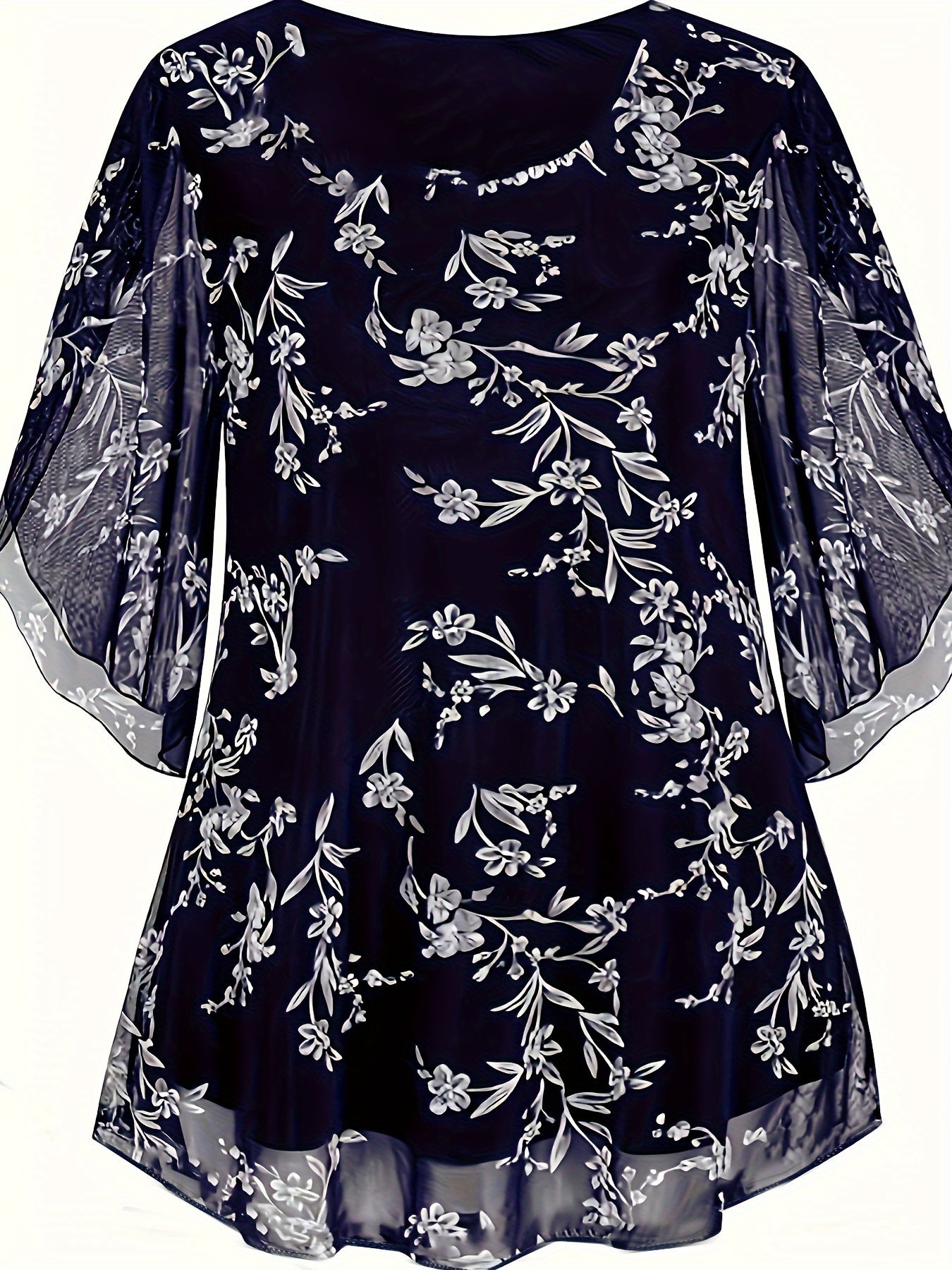 Chic black floral chiffon blouse with ruffle sleeves for summer, machine washable and semi-sheer.