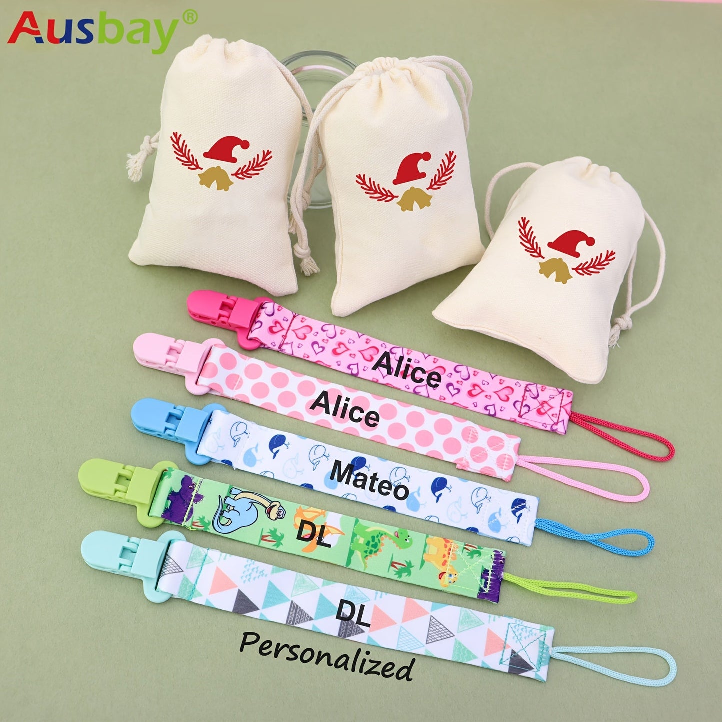 Personalized Baby Pacifier Holder Clips in Custom Gift Bags for Boys & Girls with Cute Patterns, Perfect for Halloween, Christenings, Thanksgivings, and Christmas Gifts