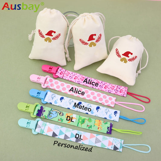 Personalized Baby Pacifier Holder Clips in Custom Gift Bags for Boys & Girls with Cute Patterns, Perfect for Halloween, Christenings, Thanksgivings, and Christmas Gifts