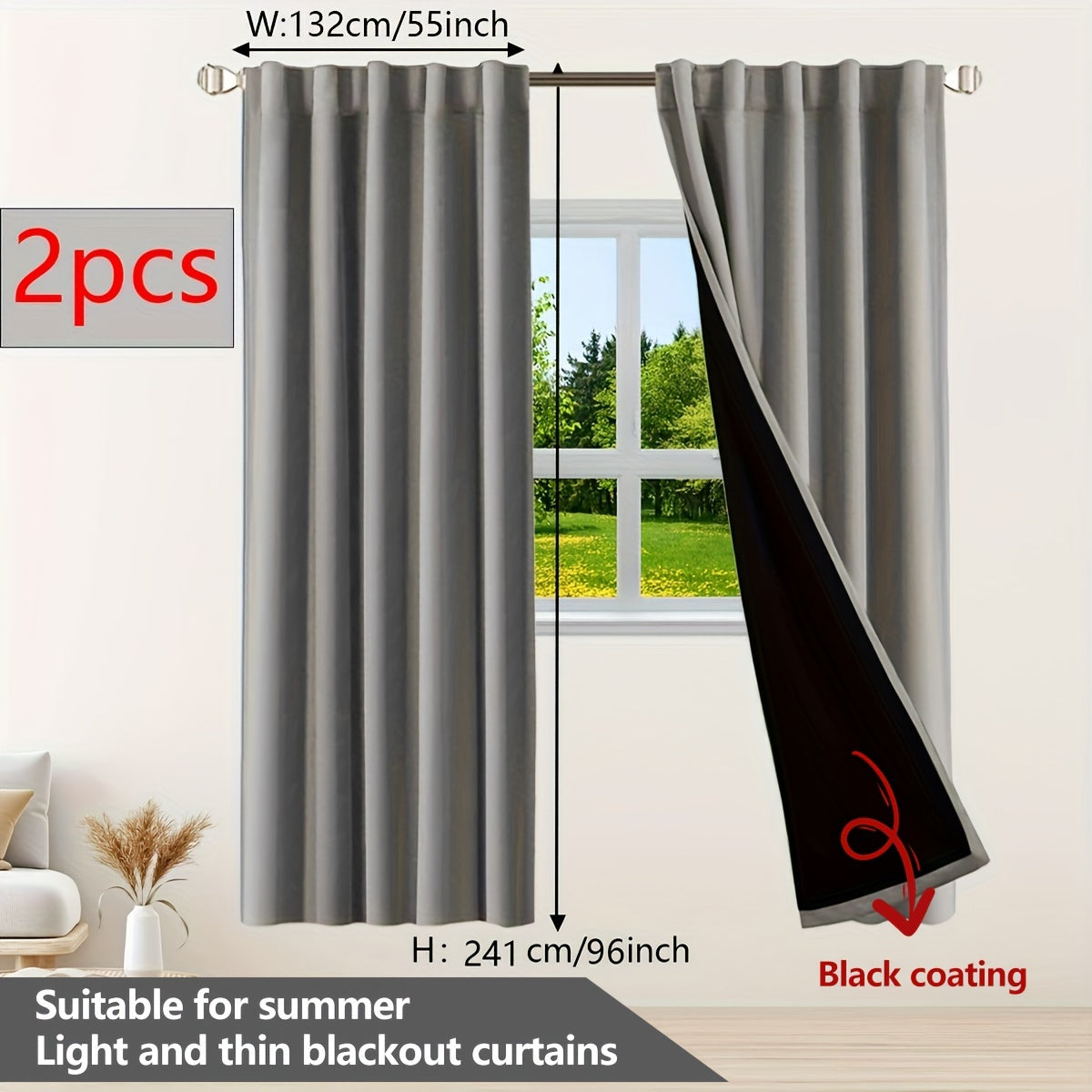 Two pieces of contemporary blackout curtains made from thermal insulated twill weave polyester. They are designed to reduce noise and block out light, making them perfect for the living room, bedroom, or study. These curtains feature a hook and ring rod