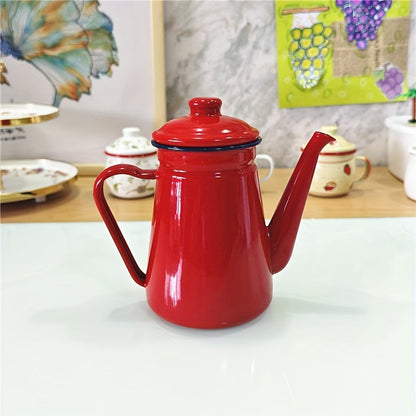 Retro Thickened Enamel Tea Kettle - 1.1L capacity, perfect for making coffee, oil, milk tea, and more. Ideal for both summer and winter drinkware, these enamel kettles are a stylish addition to your home kitchen. Great for back to school supplies.