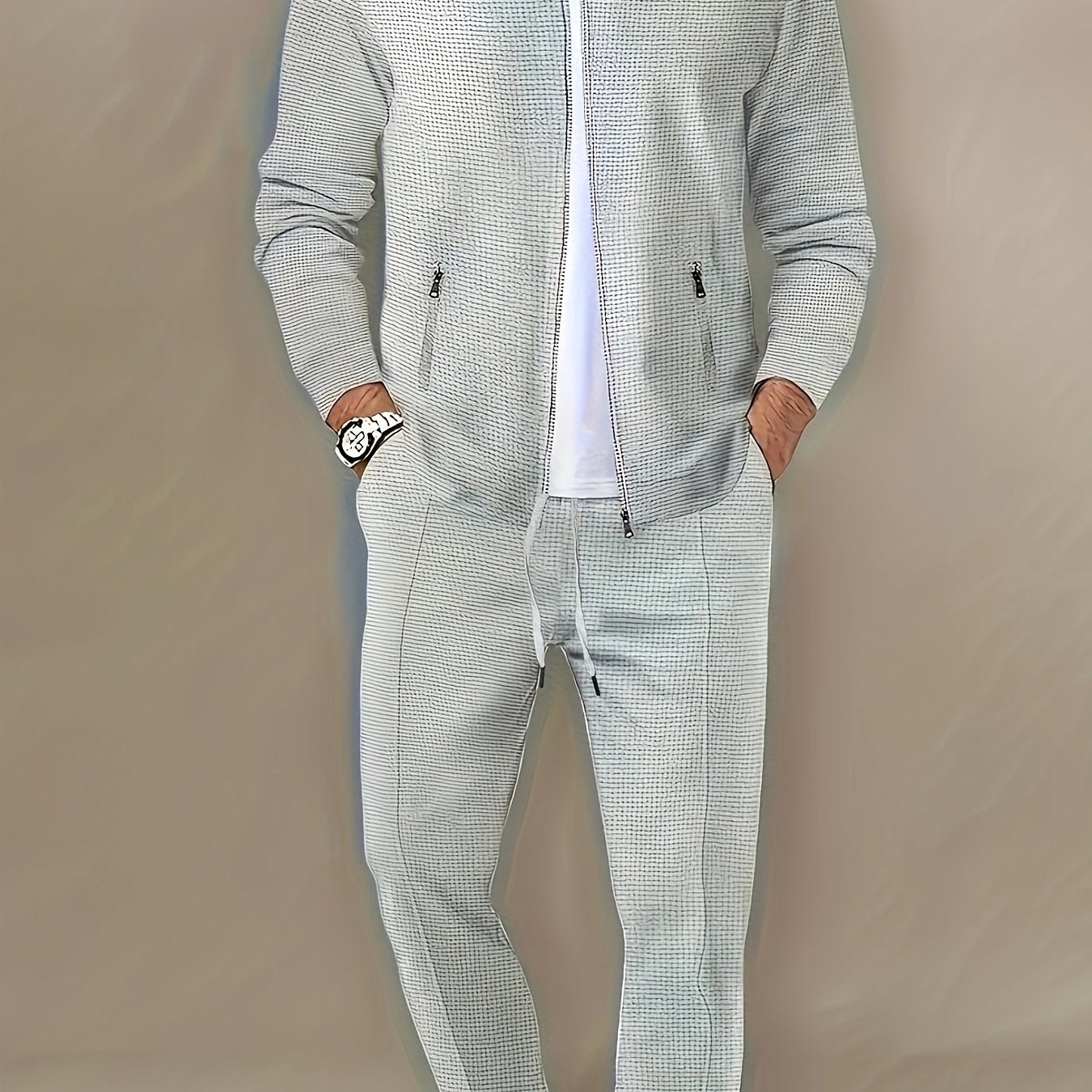 Men's Casual Sports Set with Polyester Knit Fabric, Solid Color, Regular Fit, Zip Closure, for Spring/Autumn Collection.