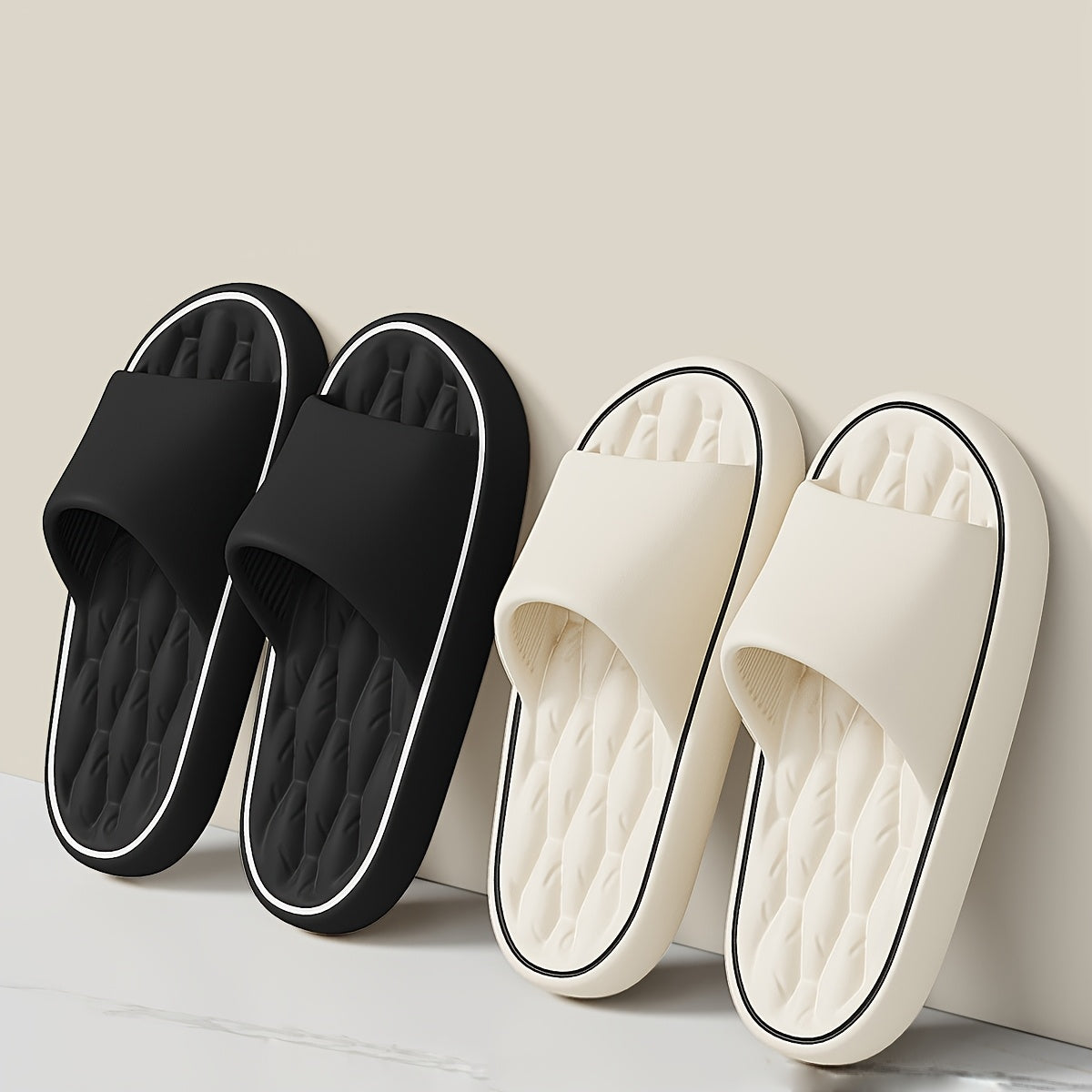 Gender-neutral EVA slippers with thick non-slip sole and round toe, suitable for indoor, hiking, and daily wear in all seasons.