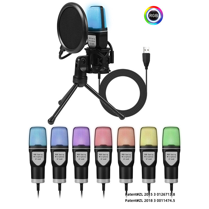 USB condenser microphone with fast mute function, tripod, RGB indicator light, shock absorber, and rotary gain button for gaming, podcast videos, streaming, and compatible with PS4/PS5/PC.