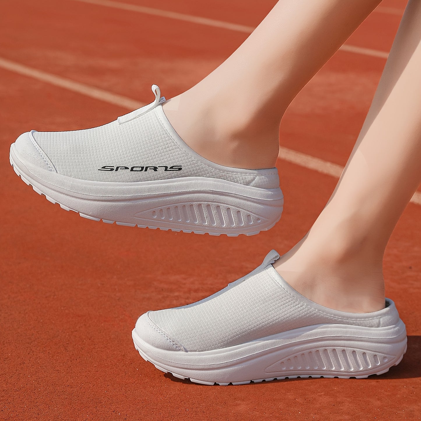 Breathable knit slip-on sneakers with a comfortable EVA rocker sole, beige with sporty logo, suitable for all seasons. Casual low-top design. Durable footwear and shoe accessories.