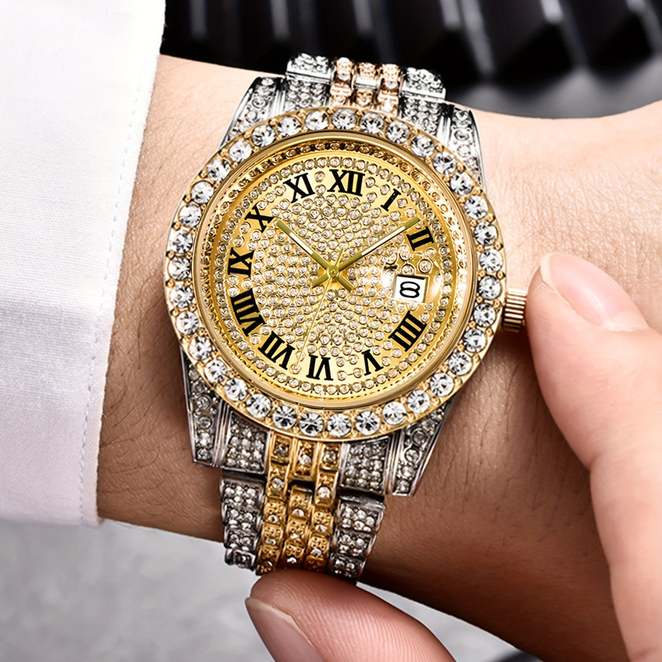 Elegant and luxurious full artificial diamond steel strap quartz watch with calendar, perfect for parties and gift-giving.