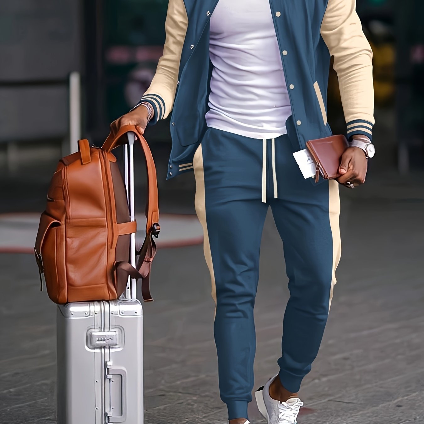 Men's casual baseball collar jacket and pant set in color block, with long sleeve sweatshirt and sweatpants made of polyester. Features button detail and is part of the Spring/Fall