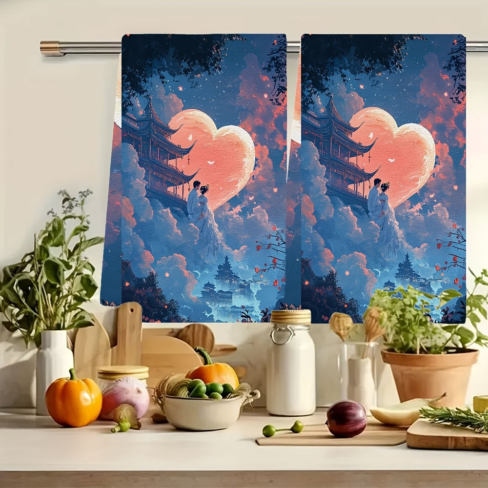 Set of 2 Ultra Soft Kitchen Towels featuring a Couple in Traditional Chinese Attire on a Heart Shaped Cloud overlooking a Celestial Palace, perfect for Holiday Decor. These Highly Absorbent Dish Hand Towels are Machine Washable and measure 16x24 inches.