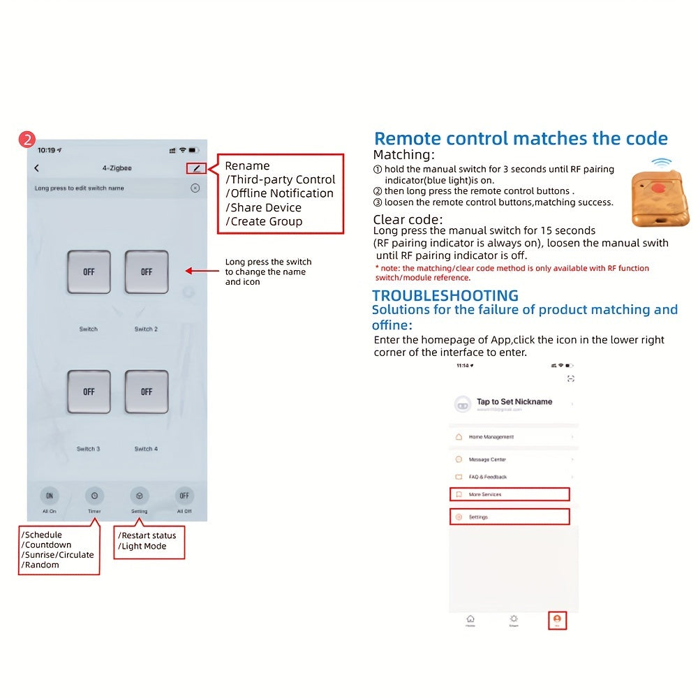 Tuya Zigbee Smart Switch Module with 4-Channel Relay, 2200W/10A Circuit Control, Remote Control, WiFi & RF 433MHz, ≤36V Operating Voltage, No Battery Needed