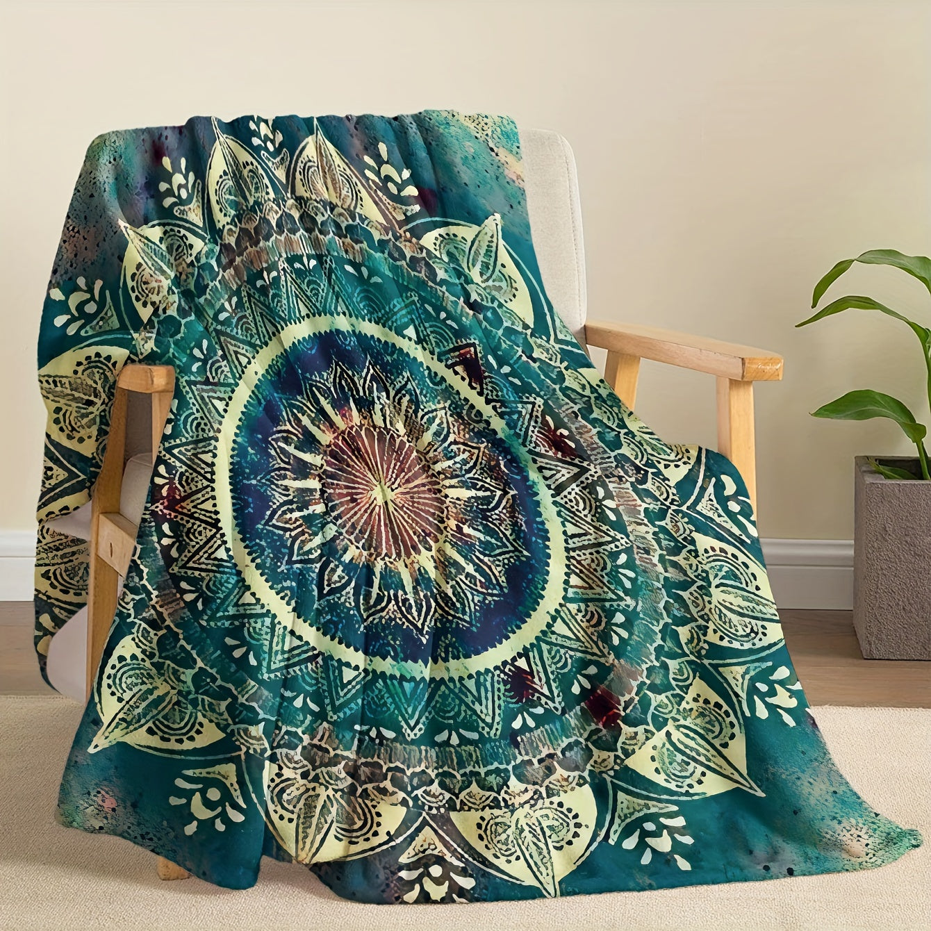 Bohemian Style Mandala Fleece Blanket - This cozy blanket features vibrant blue, green, and yellow patterns, making it the ideal addition to your sofa, bedding, or for napping. Made from soft polyester, this blanket is perfect for all seasons and makes a