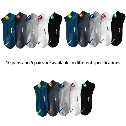 5 or 10 pairs of men's trendy alphabet pattern socks made of 95% polyester and 5% elastane, featuring knit fabric, anti-odor properties, shallow cuff, all-season wear, machine washable