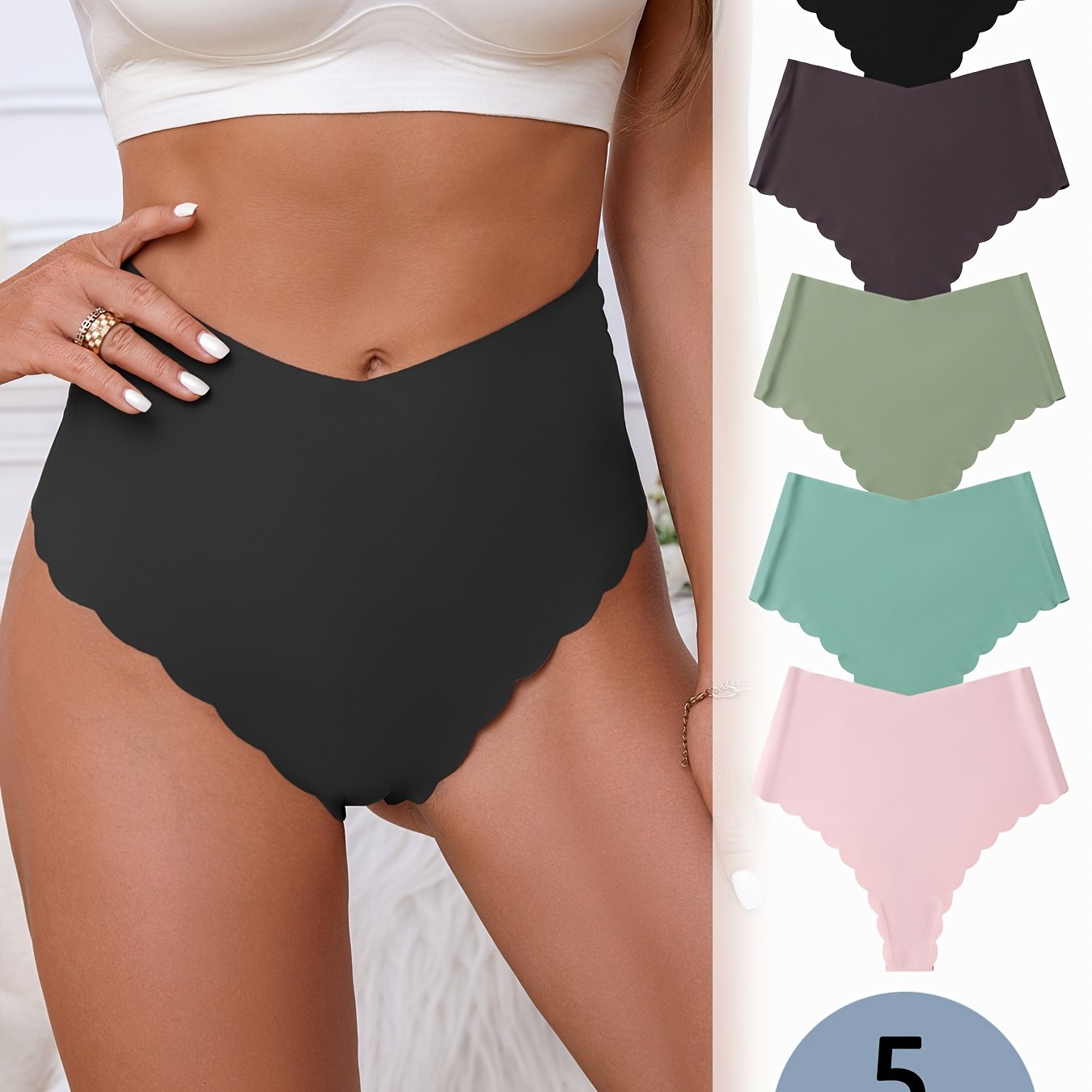 5 Simple High Waist Seamless Scallop Thongs, Soft & Stretchy Women's Underwear