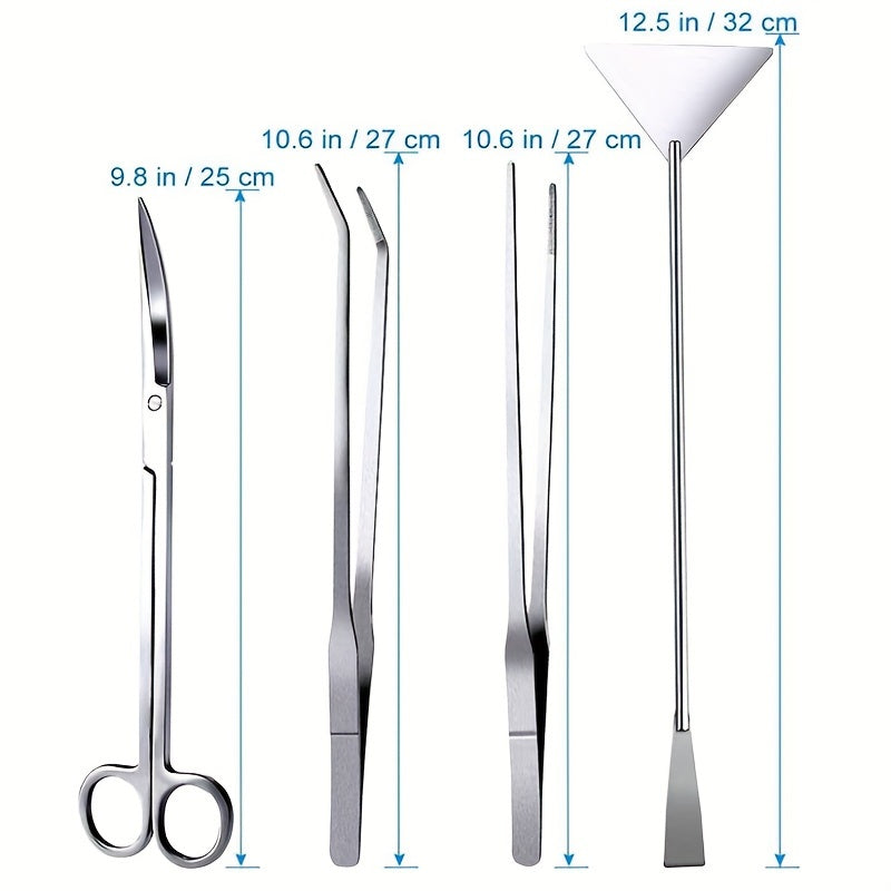 A set of 4 aquarium landscaping tools including long tweezers, scissors, spatula, and a four-in-one stainless steel aquatic plant set, suitable for fish starter kits, aquarium tanks, and