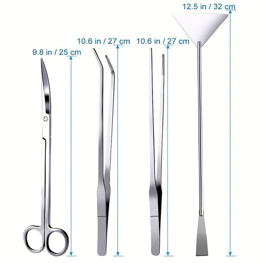 A set of 4 aquarium landscaping tools including long tweezers, scissors, spatula, and a four-in-one stainless steel aquatic plant set, suitable for fish starter kits, aquarium tanks, and