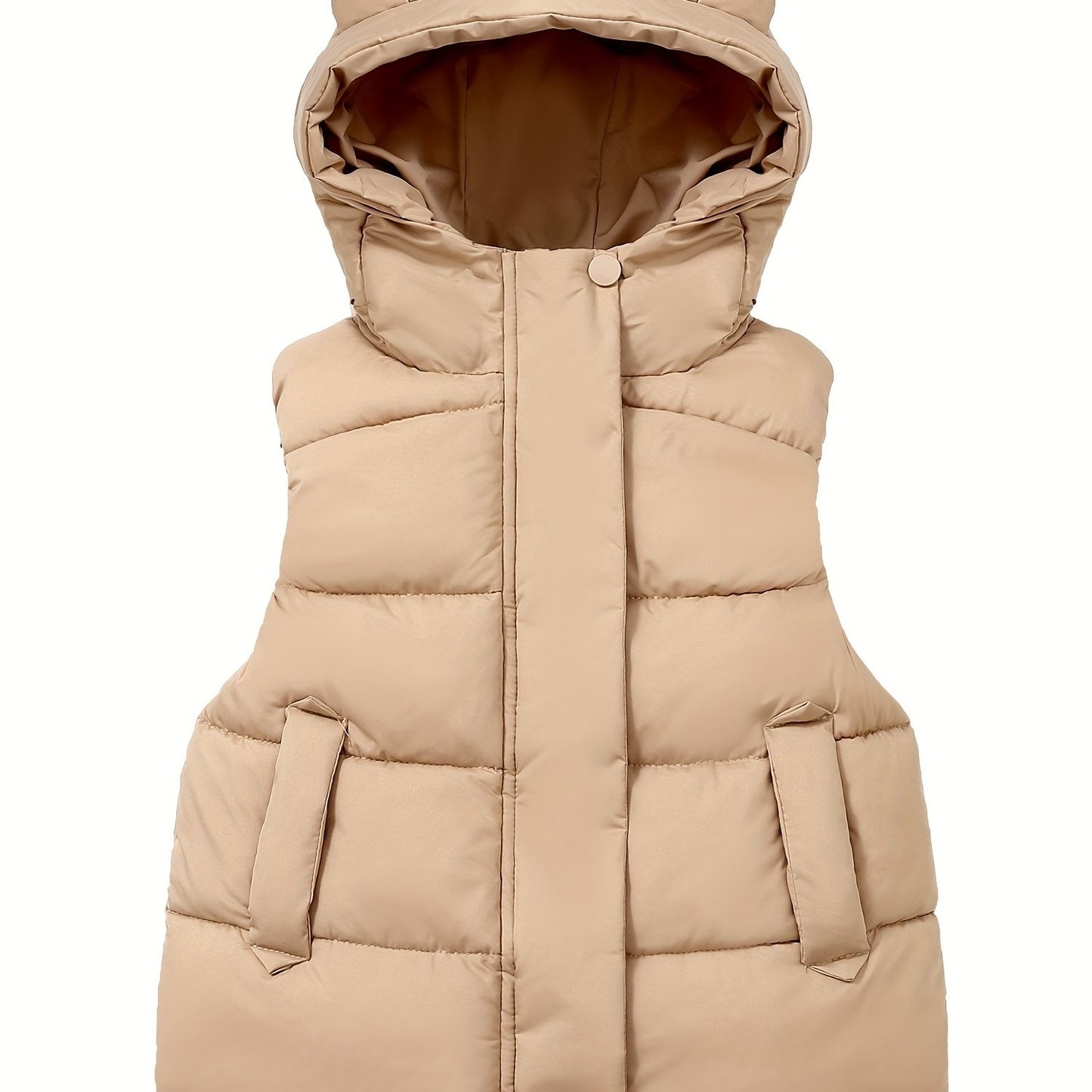 Cozy boys' winter vest in brown, sleeveless with zipper pockets, machine washable, ideal for cold weather.