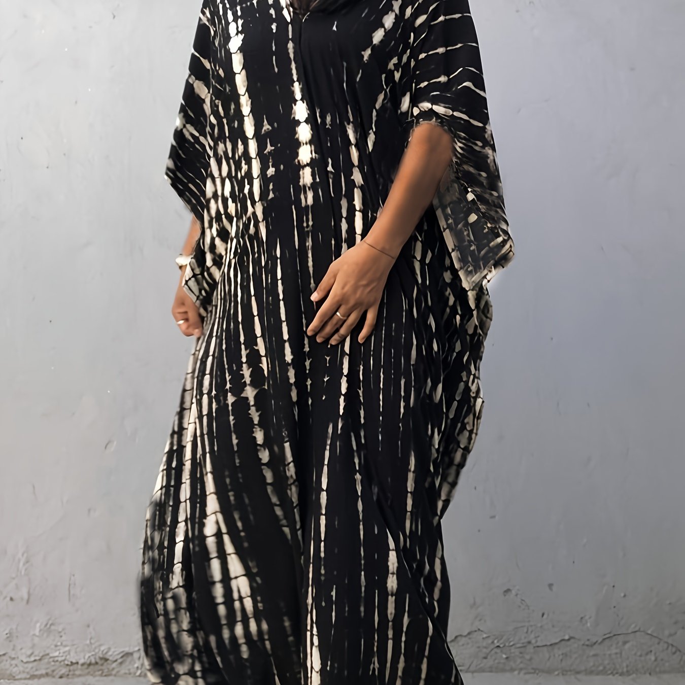 Boho Chic Plus Size Black & White Colorblock V-Neck Kaftan Dress - Loose Fit, Machine Washable, Bone Chain, Long