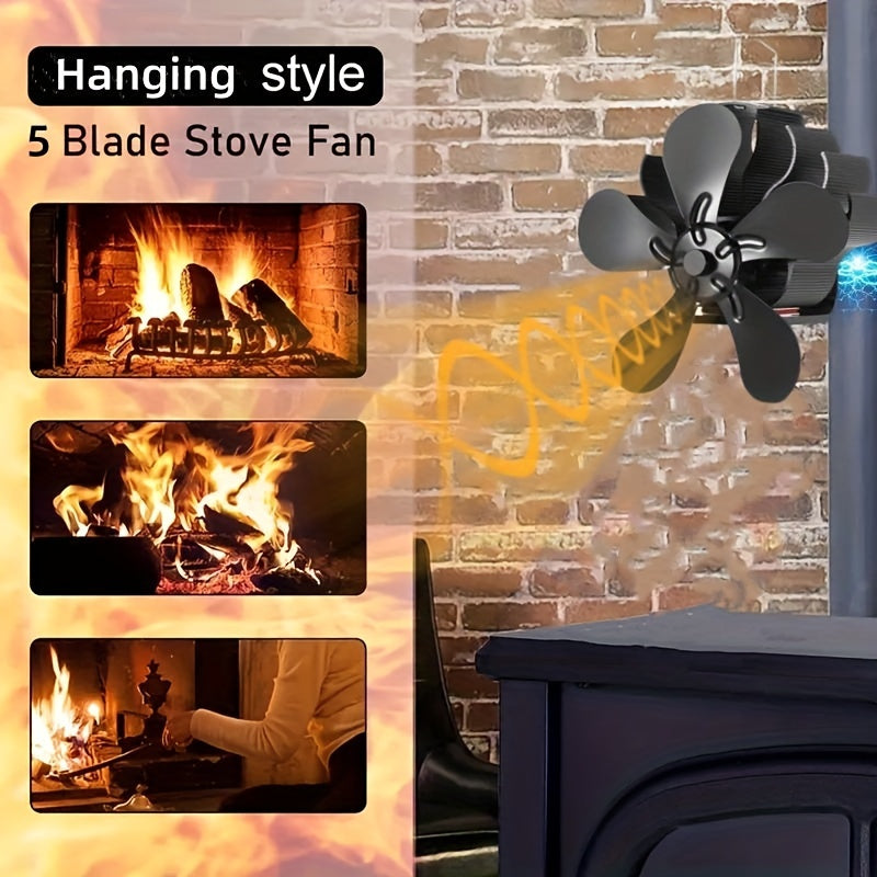 Wood stove fan with 5 blades, powered by heat and silent operation - improves efficiency of firewood and gas heating. Ideal for holiday gifts such as Thanksgiving, Halloween, and Christmas, as well as a great addition to wood stove accessories.