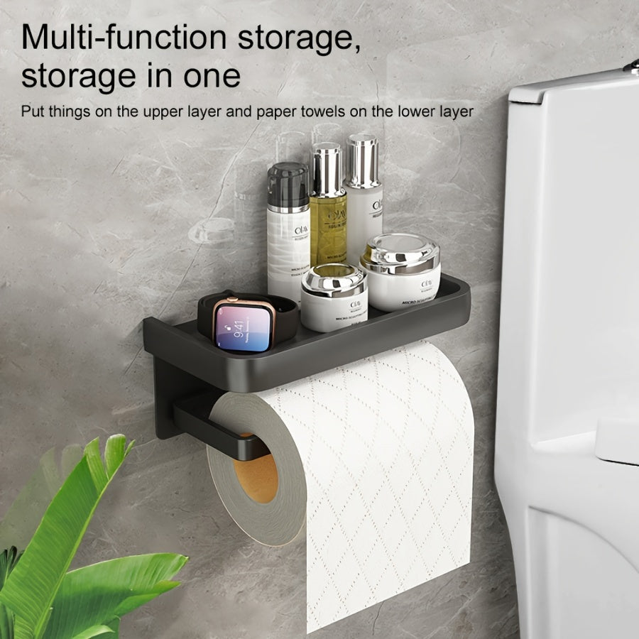 Toilet roll holder with shelf for bathroom storage and organization.