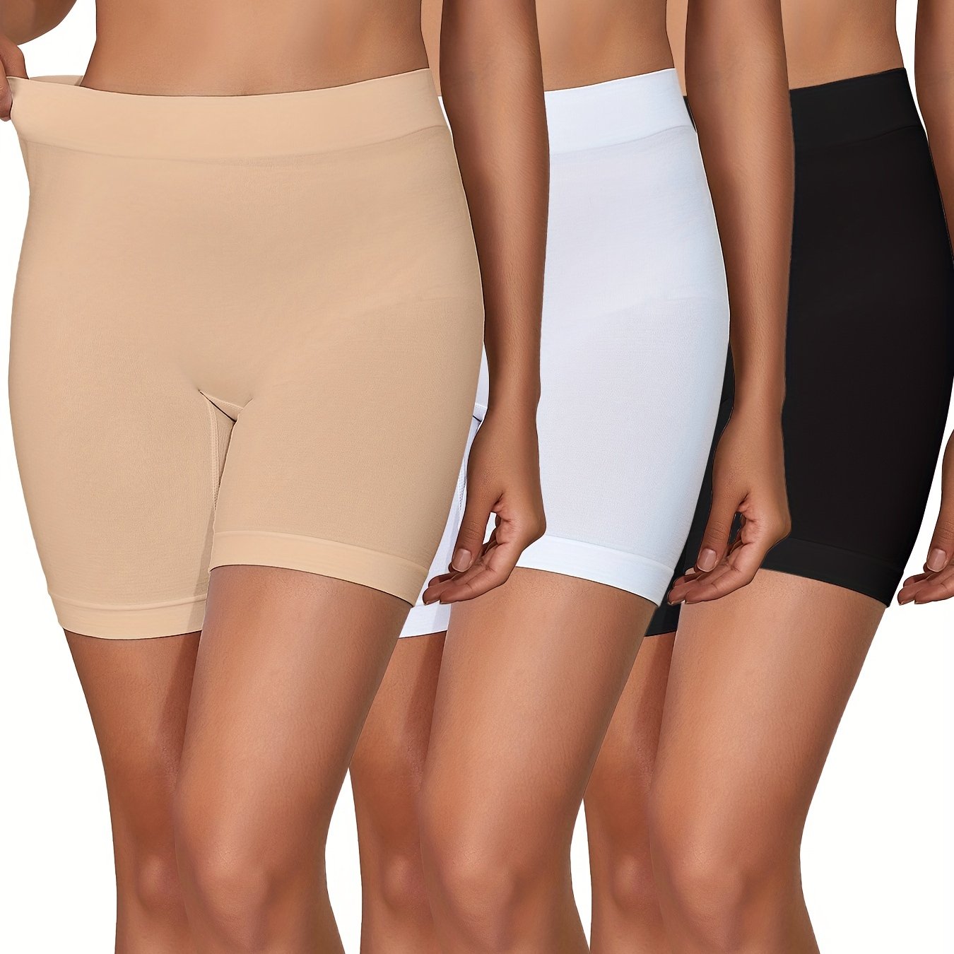 Three seamless solid boyshort panties, soft and comfortable, perfect for women's lingerie and underwear.