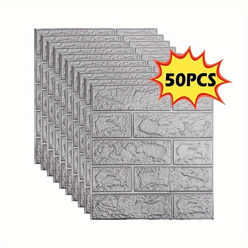 3D stereo brick stickers for indoor home decoration, available in quantities of 20, 50, or 100 pieces. Dimensions are 38.5×35cm/15.16×13.78in. PE foam material is waterproof and oilproof.