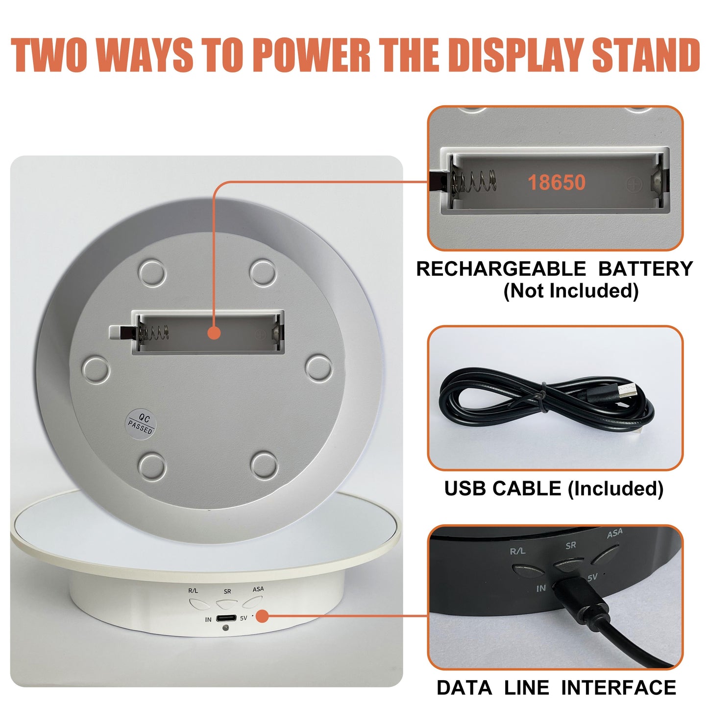 Motorized rotating display stand with 19.99cm pedestal, 360° adjustable speed, 7.71 KG load capacity. Suitable for photography, jewelry, and 3D model exhibitions. Can be powered by USB or